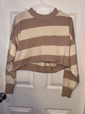 LE LIS Collection Striped Cream and Tan Cropped Knit Sweater